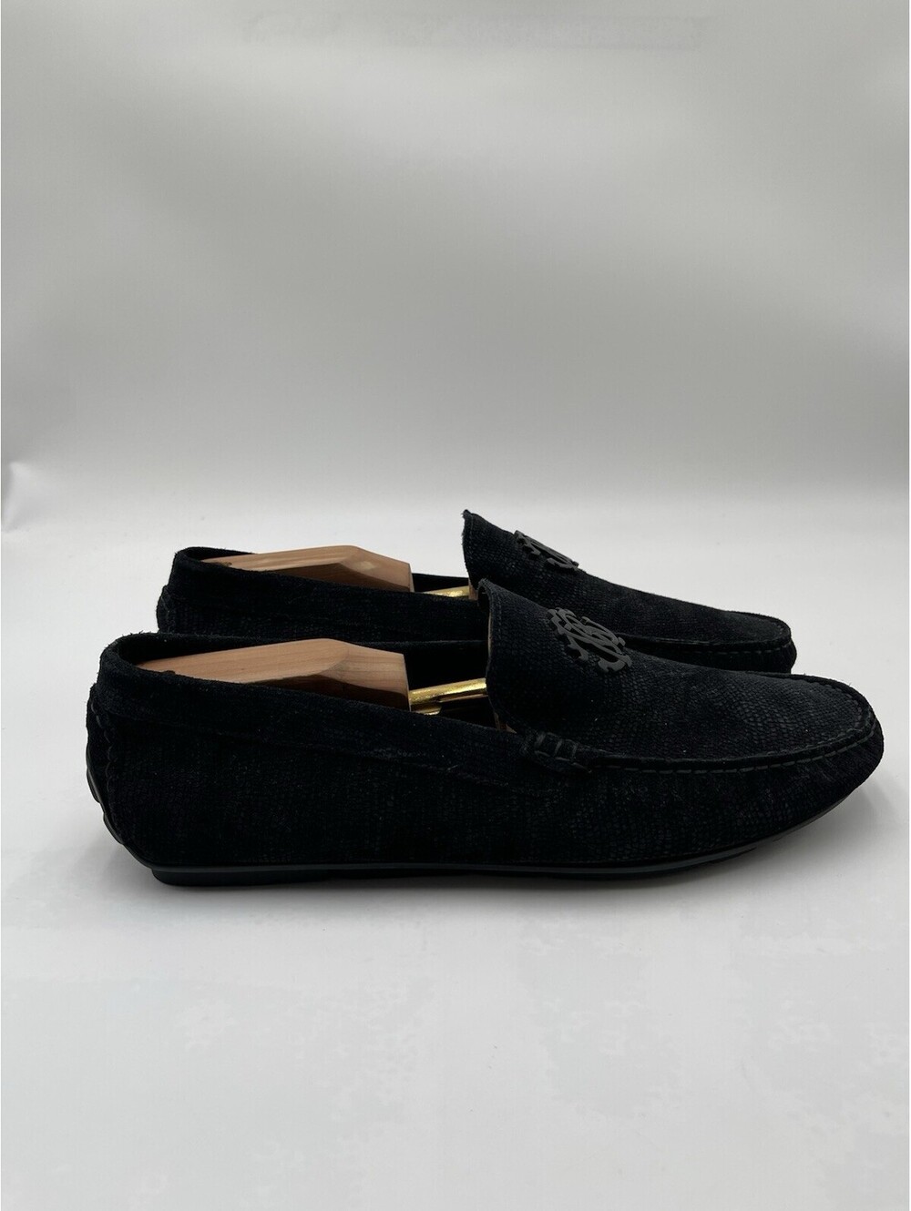 Men’s ROBERTO CAVALLI Black Leather Driving Loafers Size 43